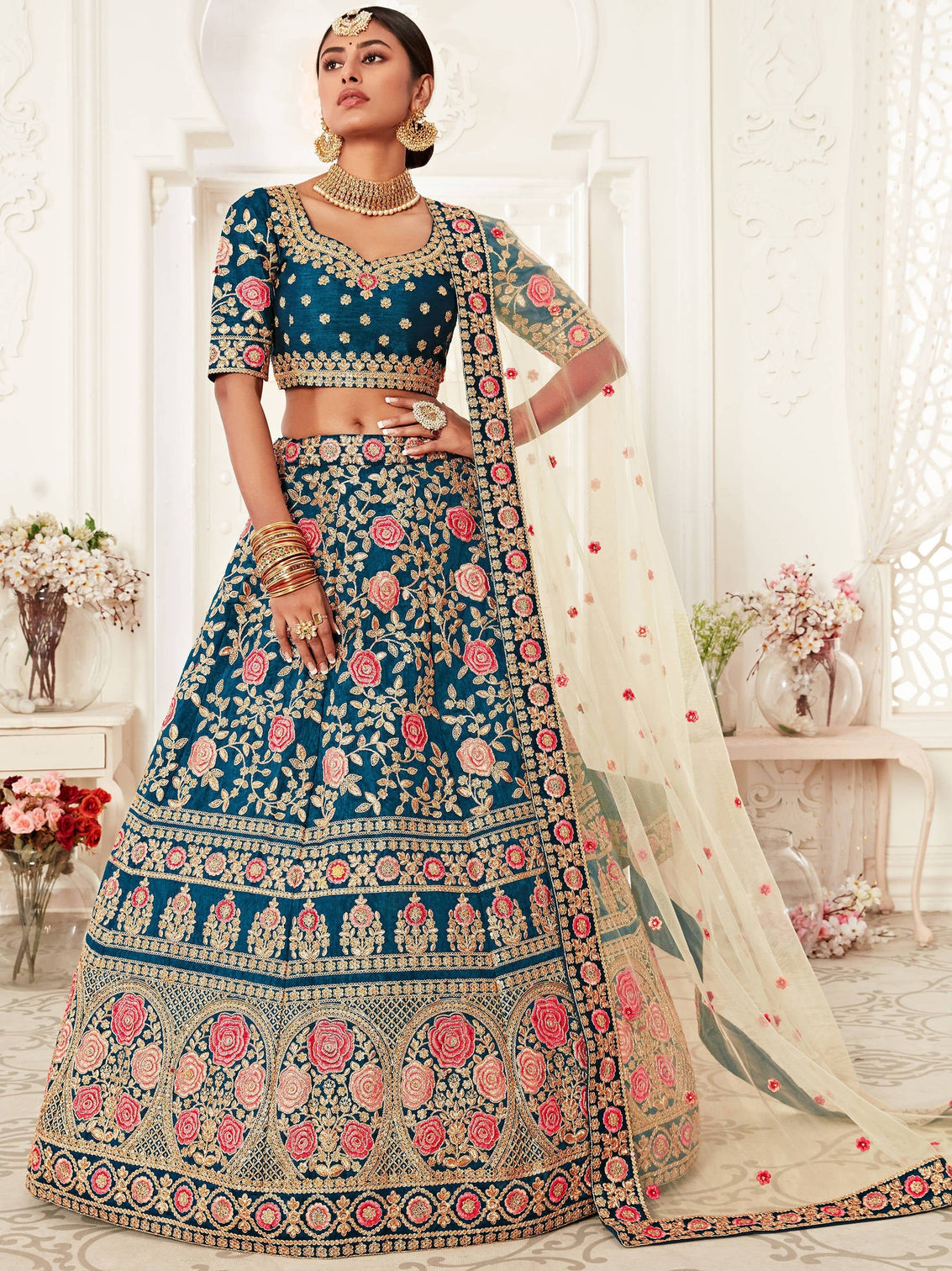 Elegant Blue Floral Embroidery Silk Wedding Lehenga Choli With Beige Dupatta