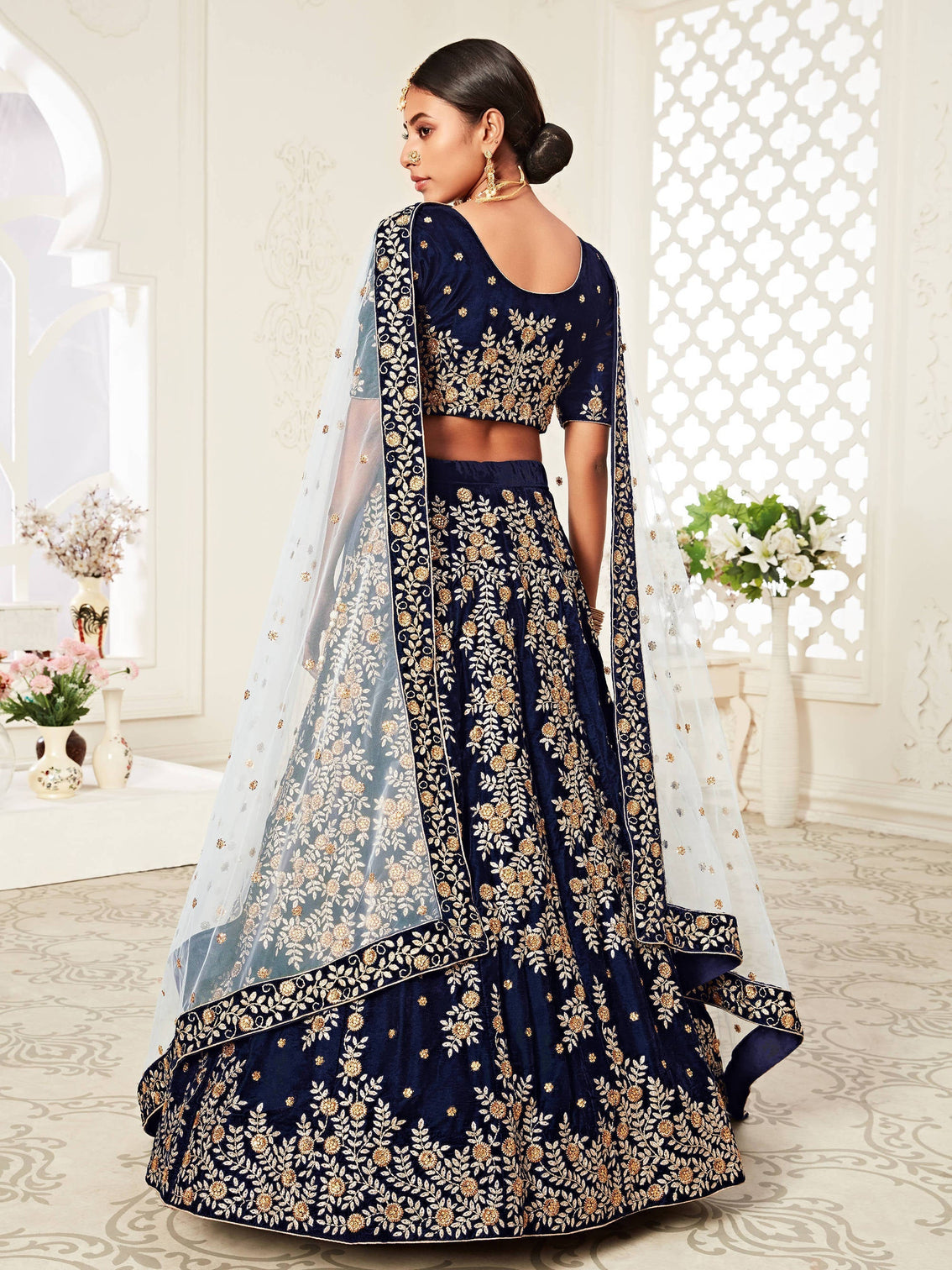 Beautiful Navy Blue Heavily Embroidery Velvet Wedding Lehenga Choli