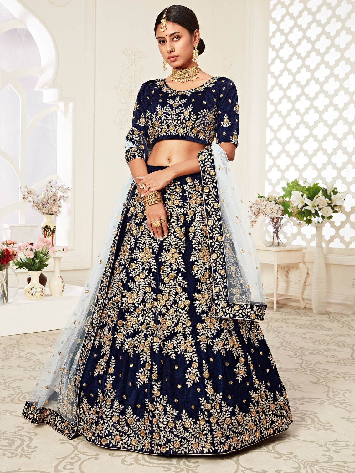 Beautiful Navy Blue Heavily Embroidery Velvet Wedding Lehenga Choli