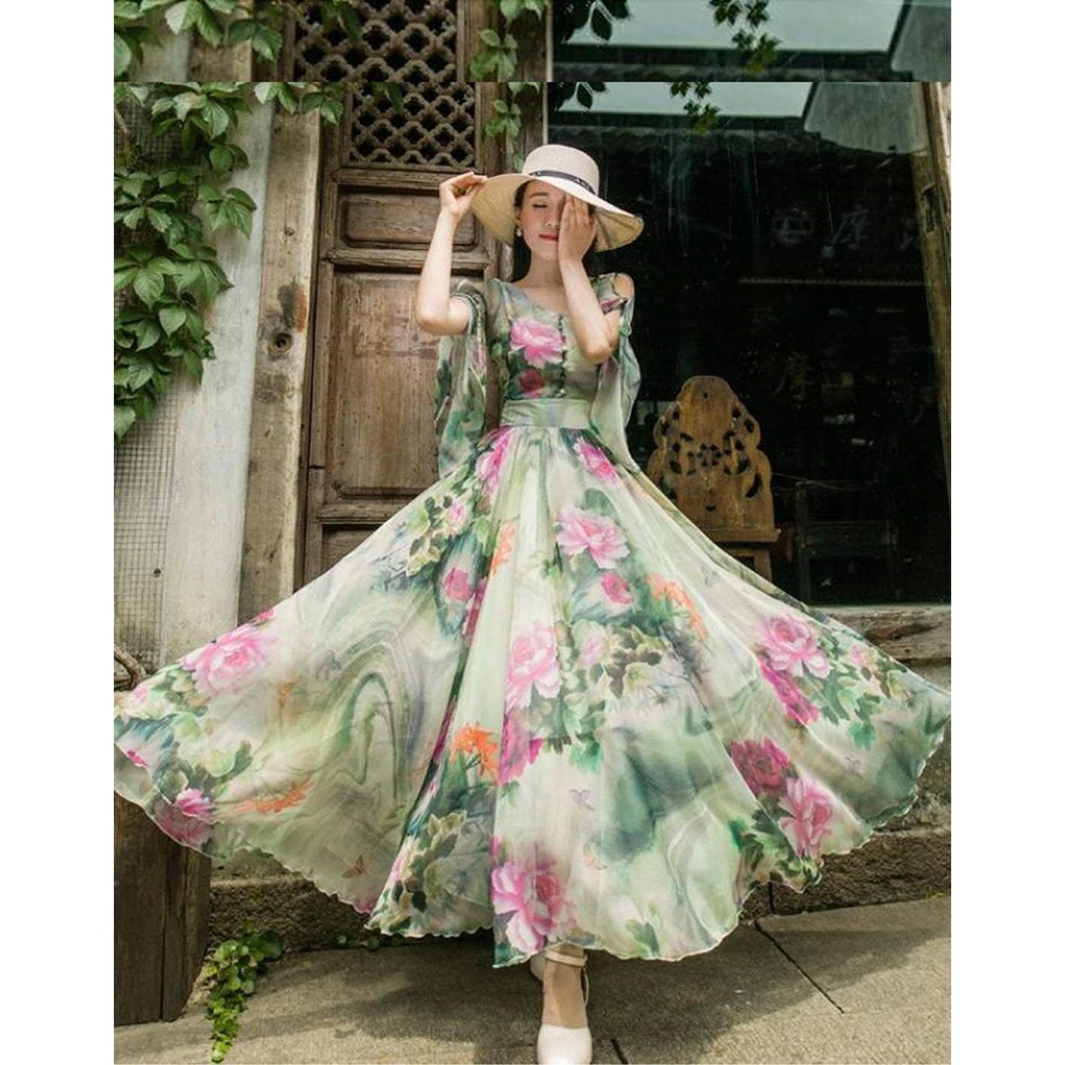 Designer Trendy Short Sleeve Floral Printed Faux Georgette Maxi Dress