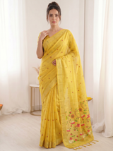 Yellow Premium Soft Muga Cotton Saree with Paithani Swan Meenakari Pallu