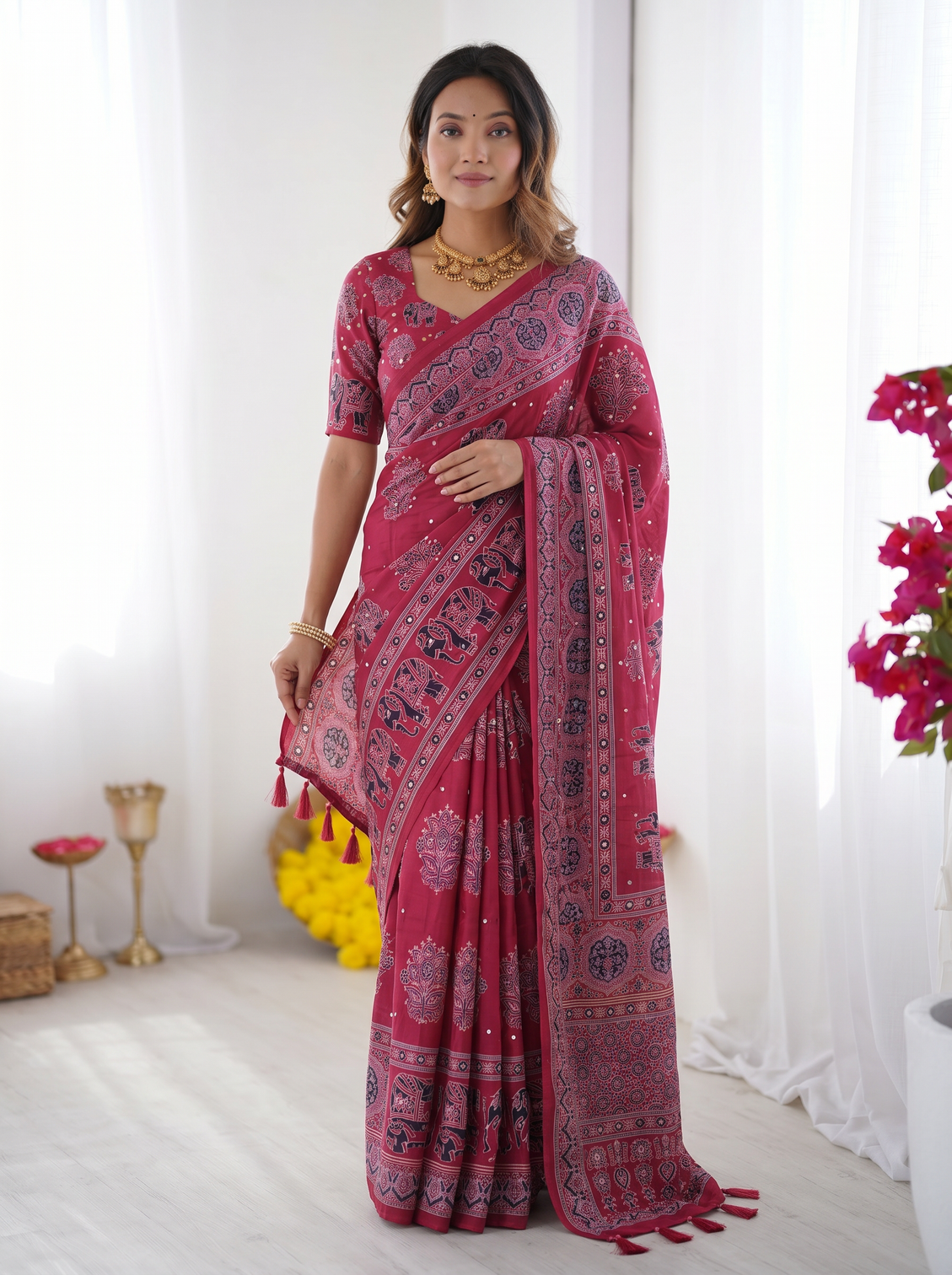 Rani pink modal silk saree with elephant motif ajrakh print designer pallu festive ethnic wear saree mameraa