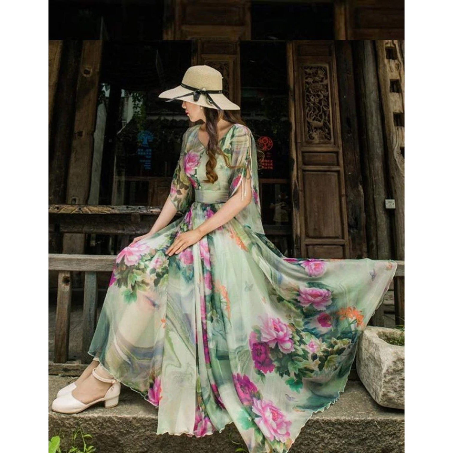 Designer Trendy Short Sleeve Floral Printed Faux Georgette Maxi Dress
