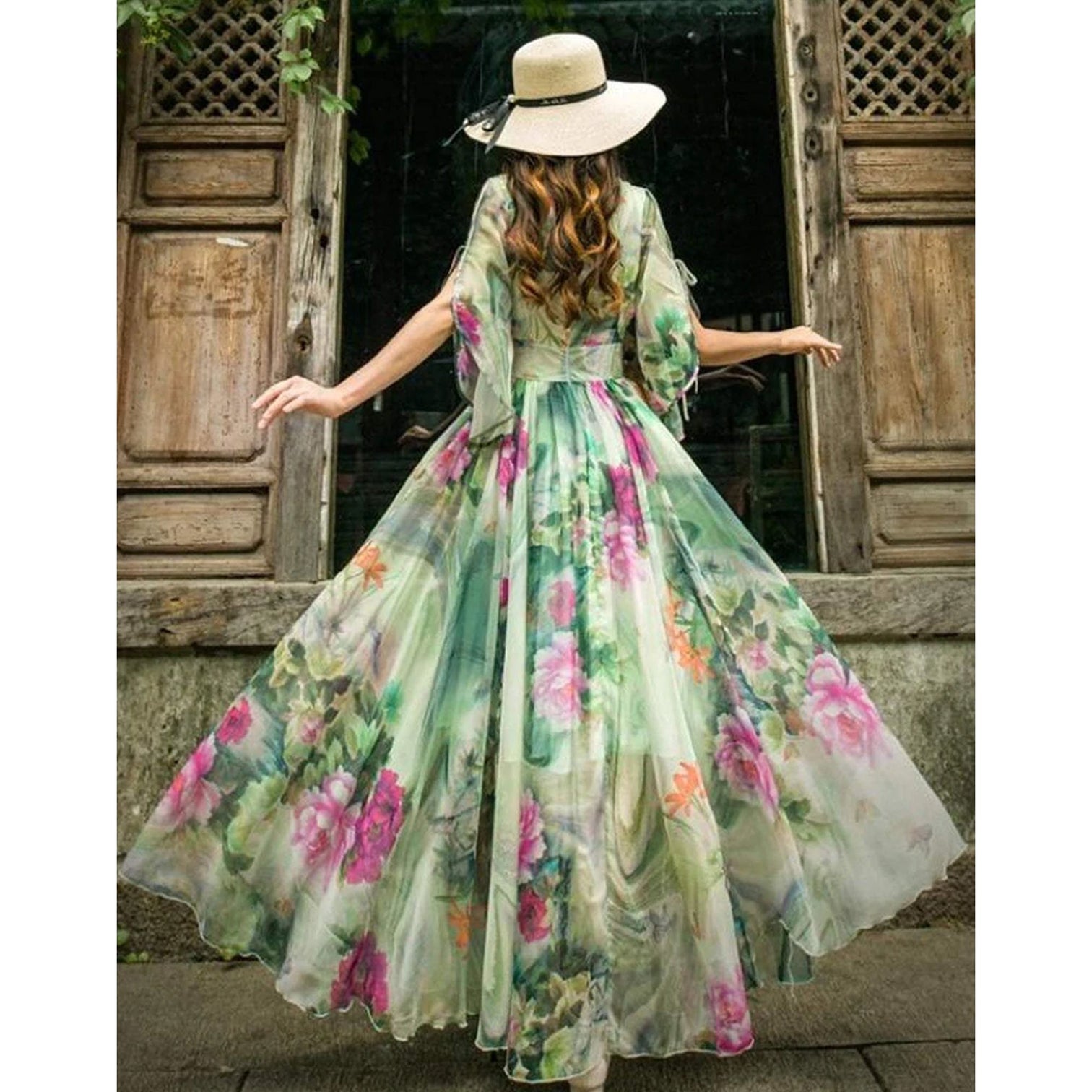 Designer Trendy Short Sleeve Floral Printed Faux Georgette Maxi Dress