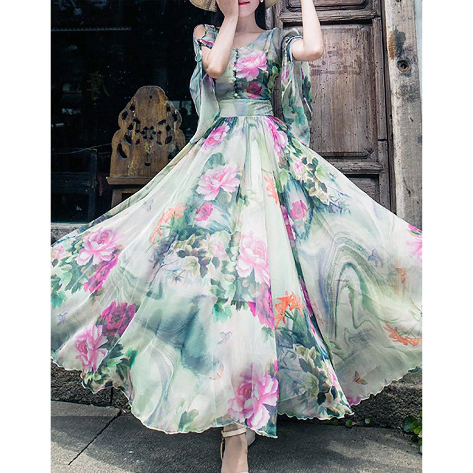 Designer Trendy Short Sleeve Floral Printed Faux Georgette Maxi Dress