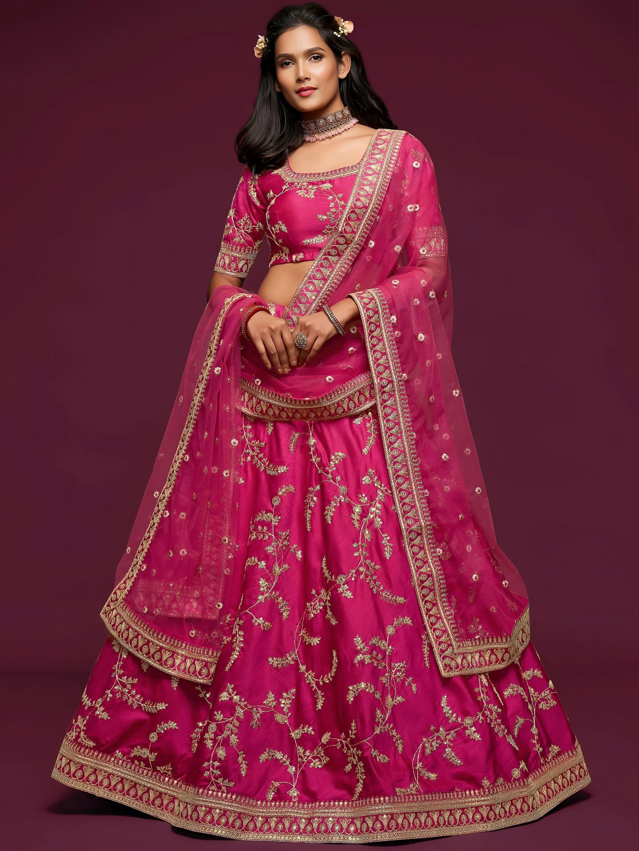 Delightful Pink Thread Embroidery Art Silk Wedding Lehenga Choli