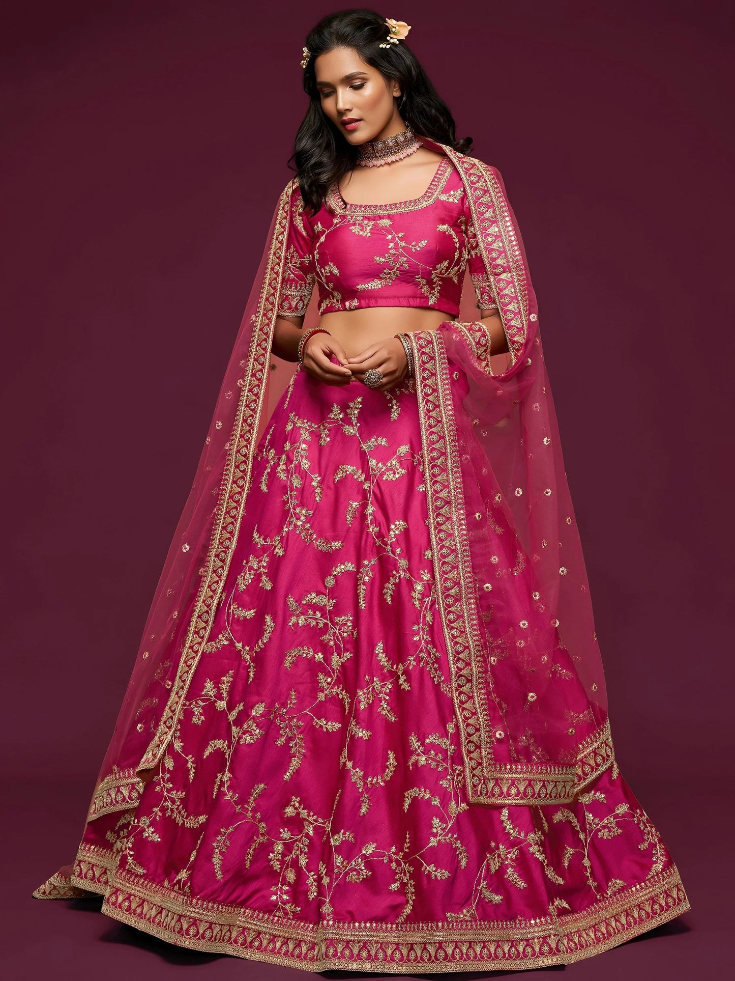 Delightful Pink Thread Embroidery Art Silk Wedding Lehenga Choli