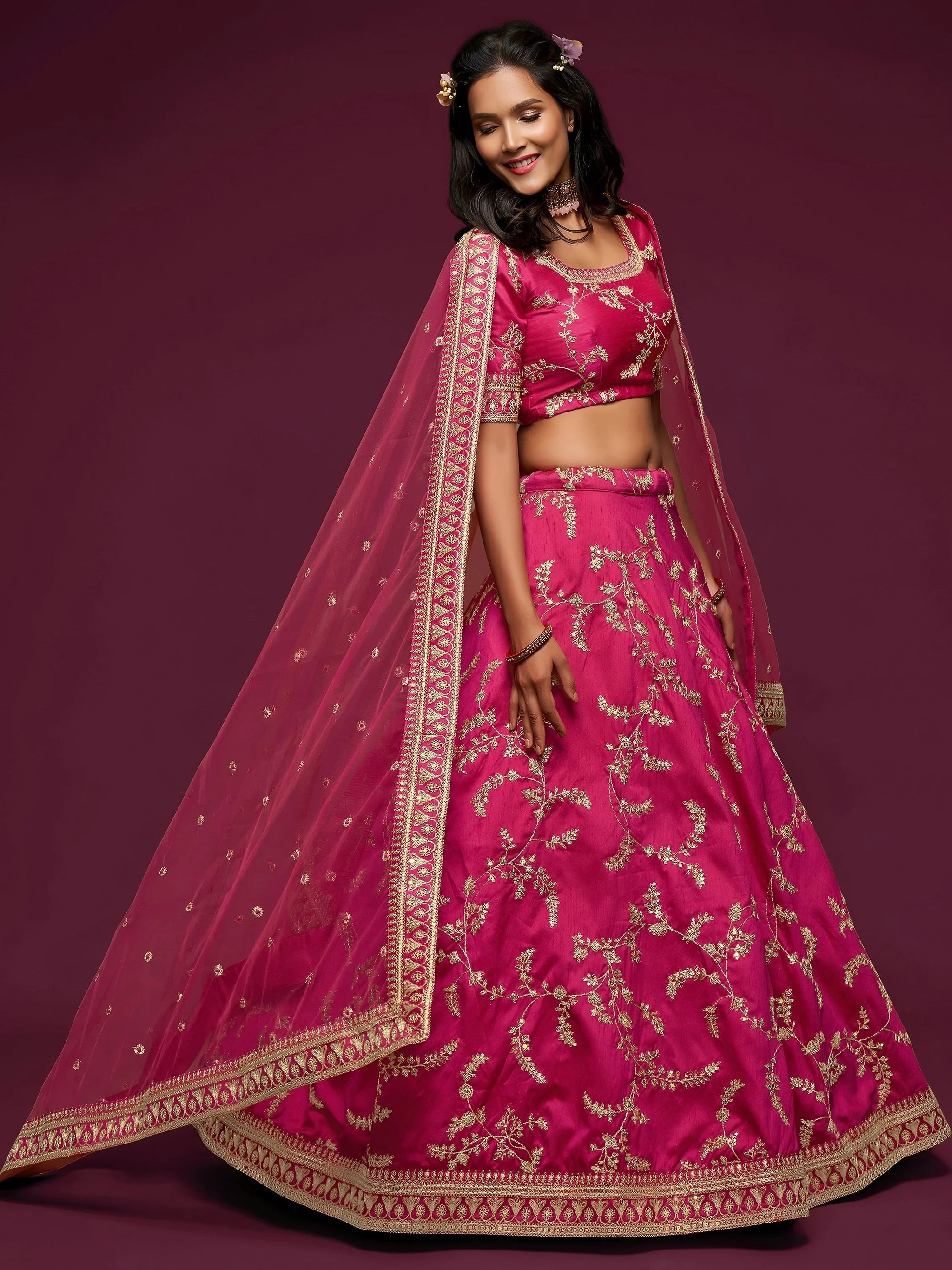 Delightful Pink Thread Embroidery Art Silk Wedding Lehenga Choli