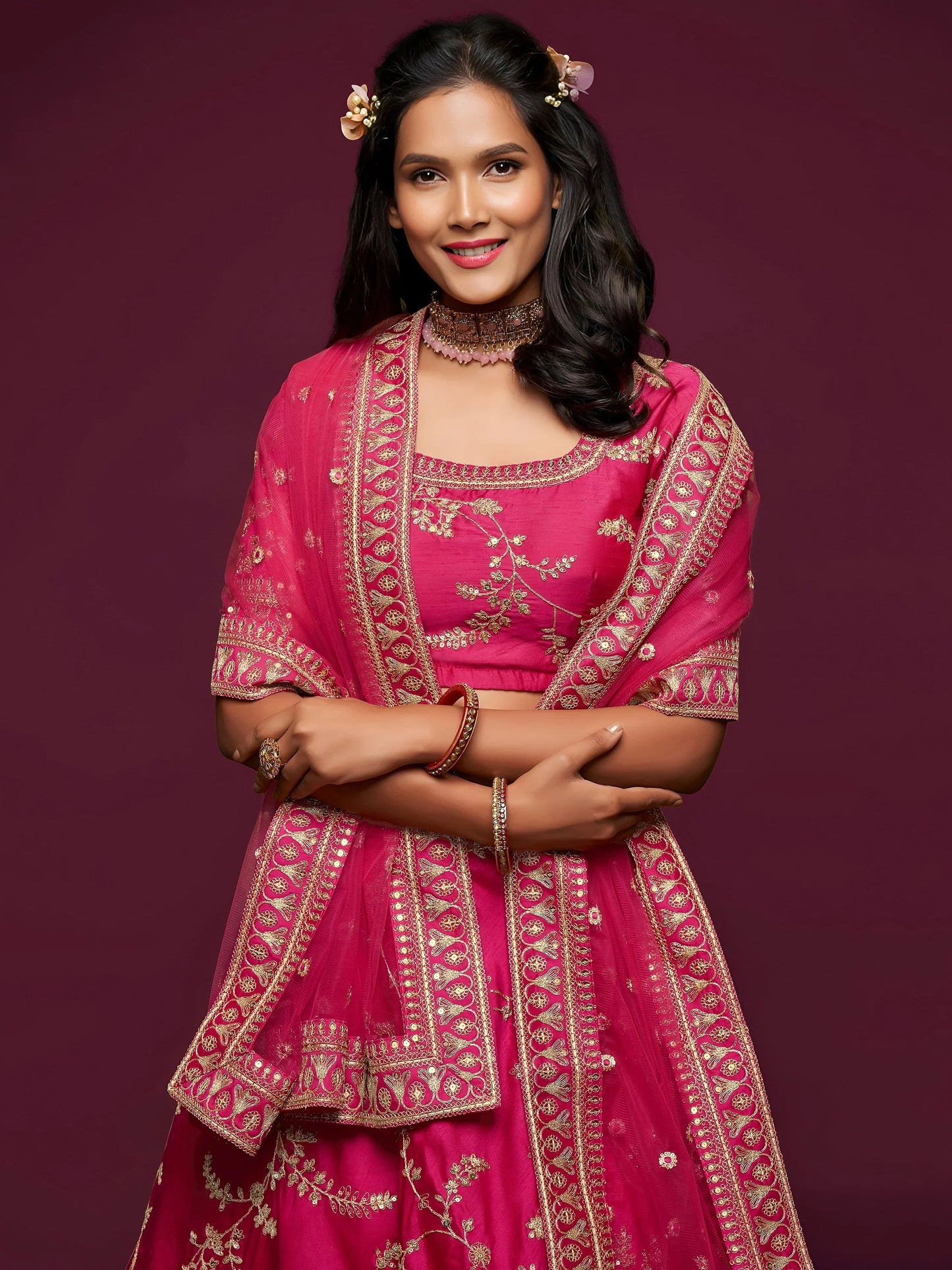 Delightful Pink Thread Embroidery Art Silk Wedding Lehenga Choli