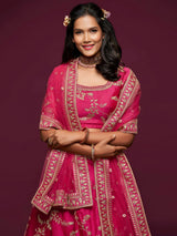 Delightful Pink Thread Embroidery Art Silk Wedding Lehenga Choli
