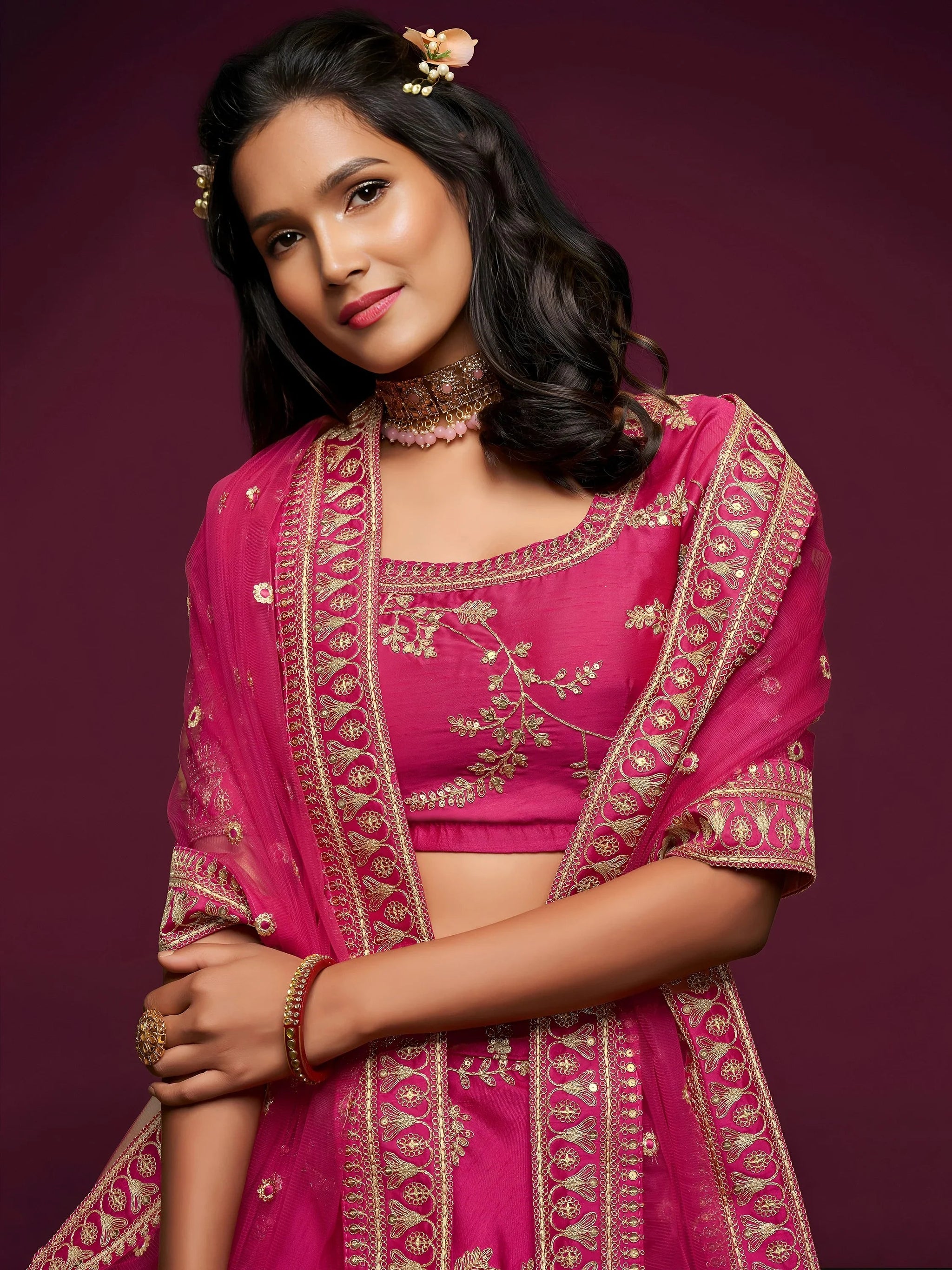 Delightful Pink Thread Embroidery Art Silk Wedding Lehenga Choli