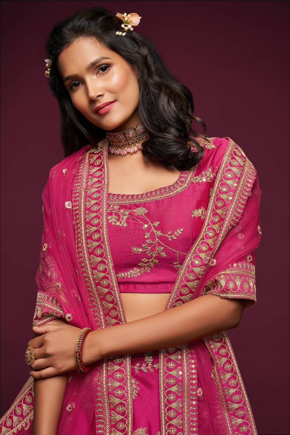 Gorgeous Pink Thread Embroidered Silk Wedding Wear Lehenga Choli