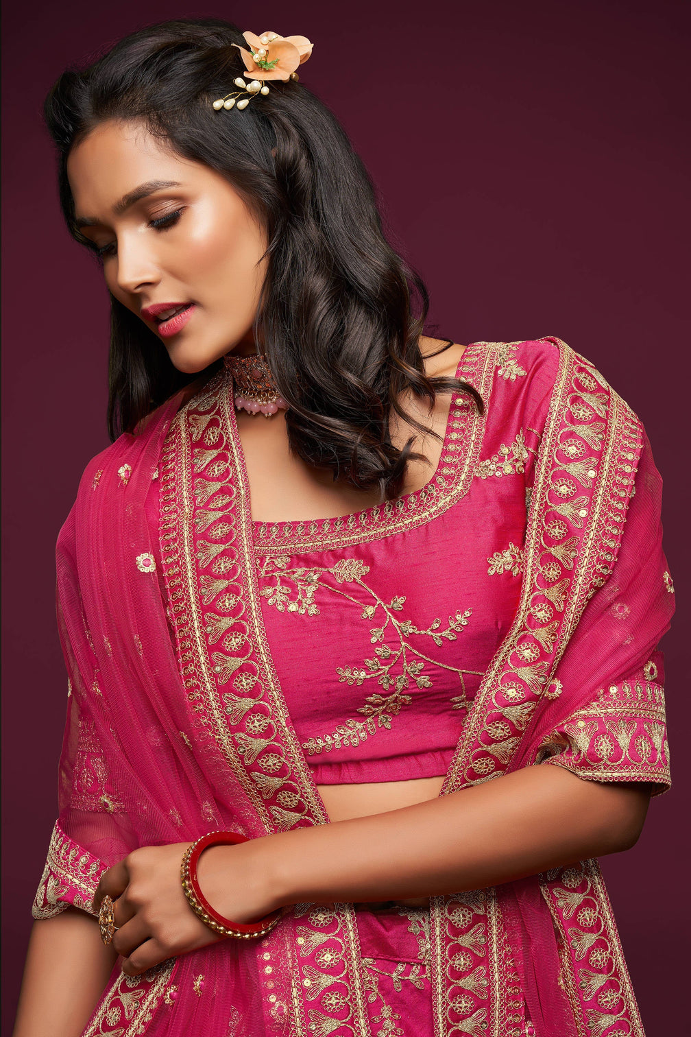 Gorgeous Pink Thread Embroidered Silk Wedding Wear Lehenga Choli