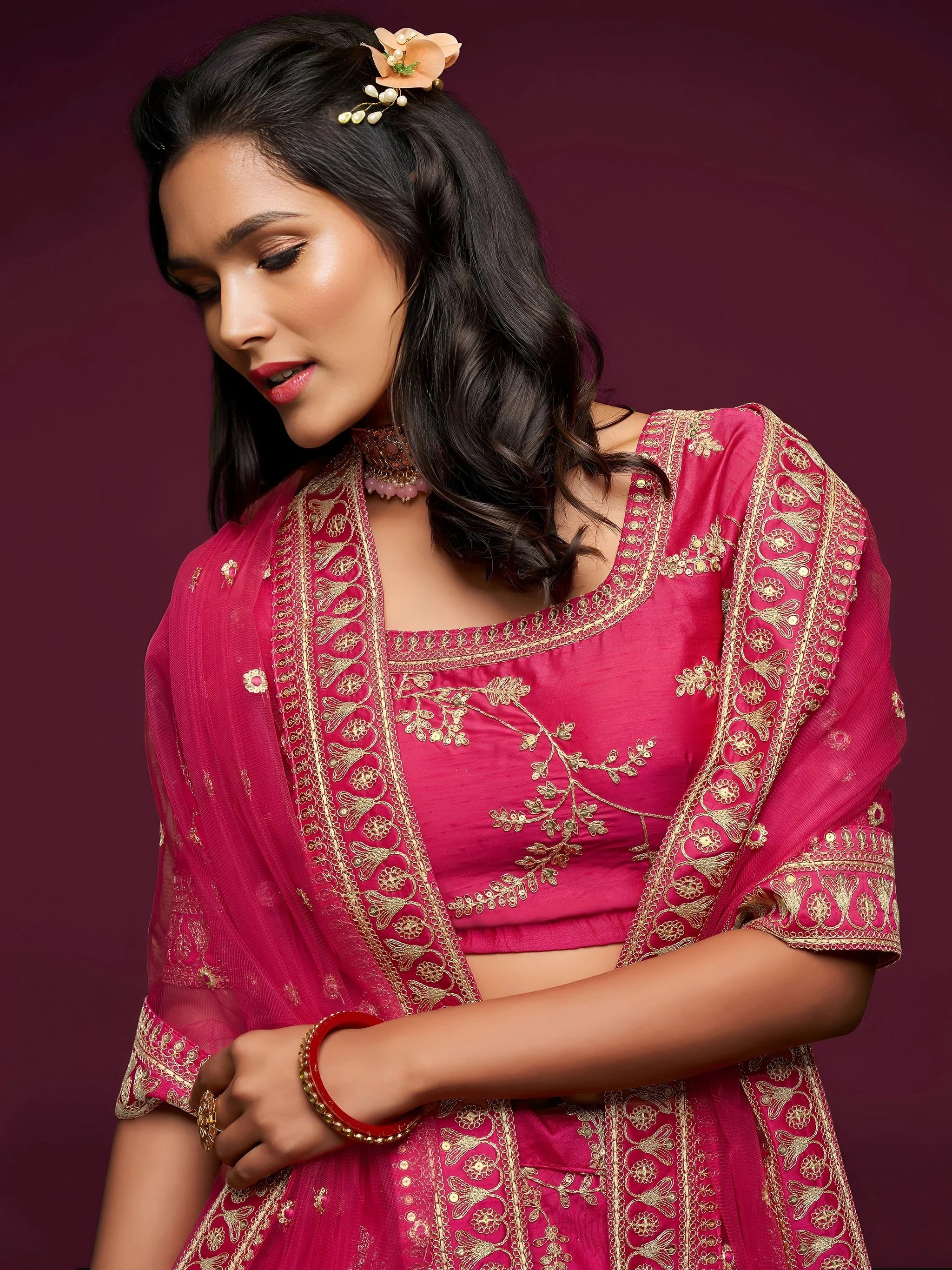 Delightful Pink Thread Embroidery Art Silk Wedding Lehenga Choli