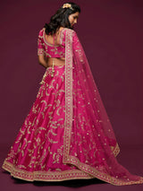 Delightful Pink Thread Embroidery Art Silk Wedding Lehenga Choli