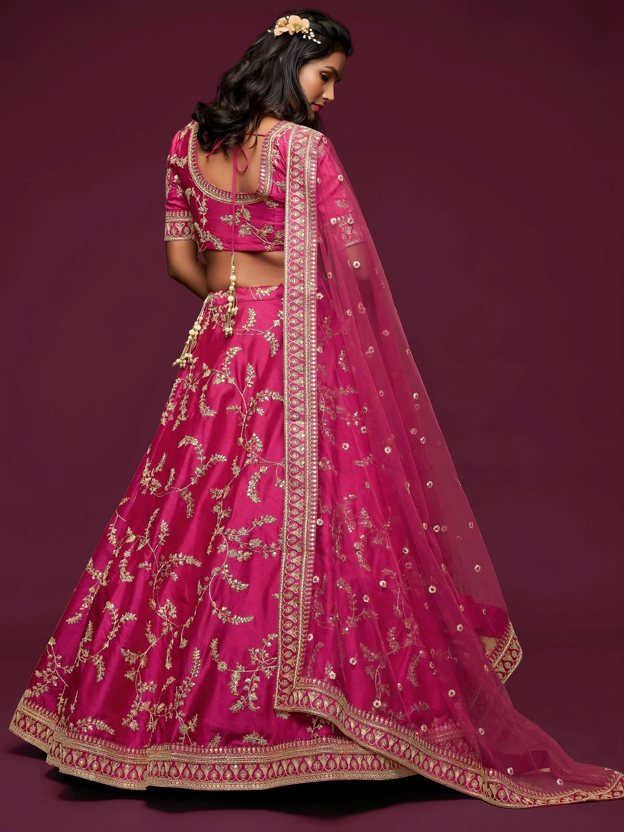 Delightful Pink Thread Embroidery Art Silk Wedding Lehenga Choli