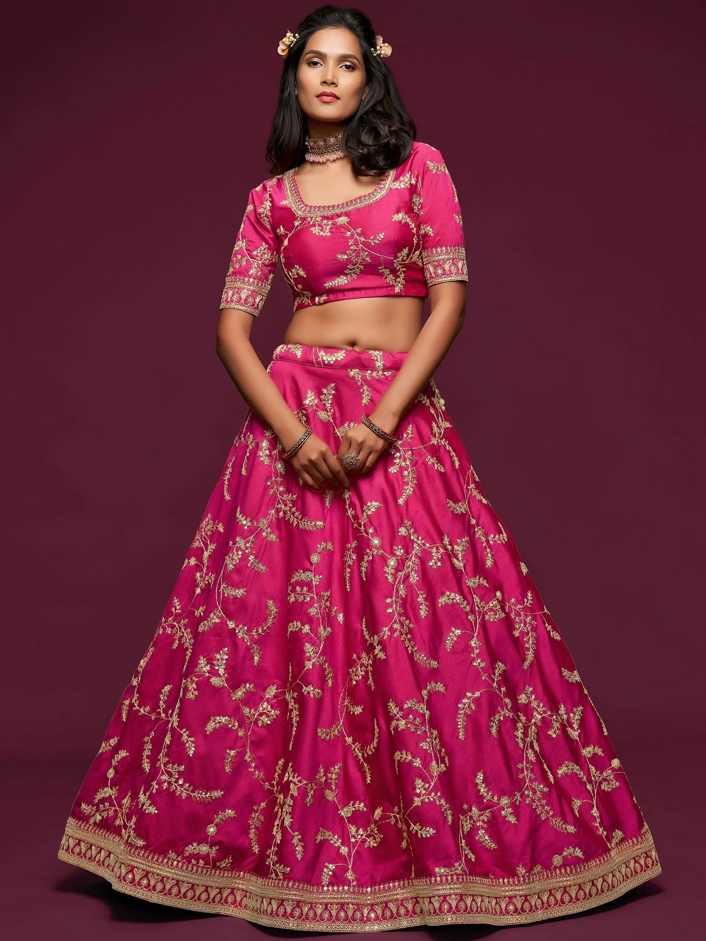 Delightful Pink Thread Embroidery Art Silk Wedding Lehenga Choli