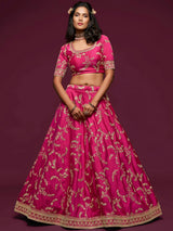 Delightful Pink Thread Embroidery Art Silk Wedding Lehenga Choli