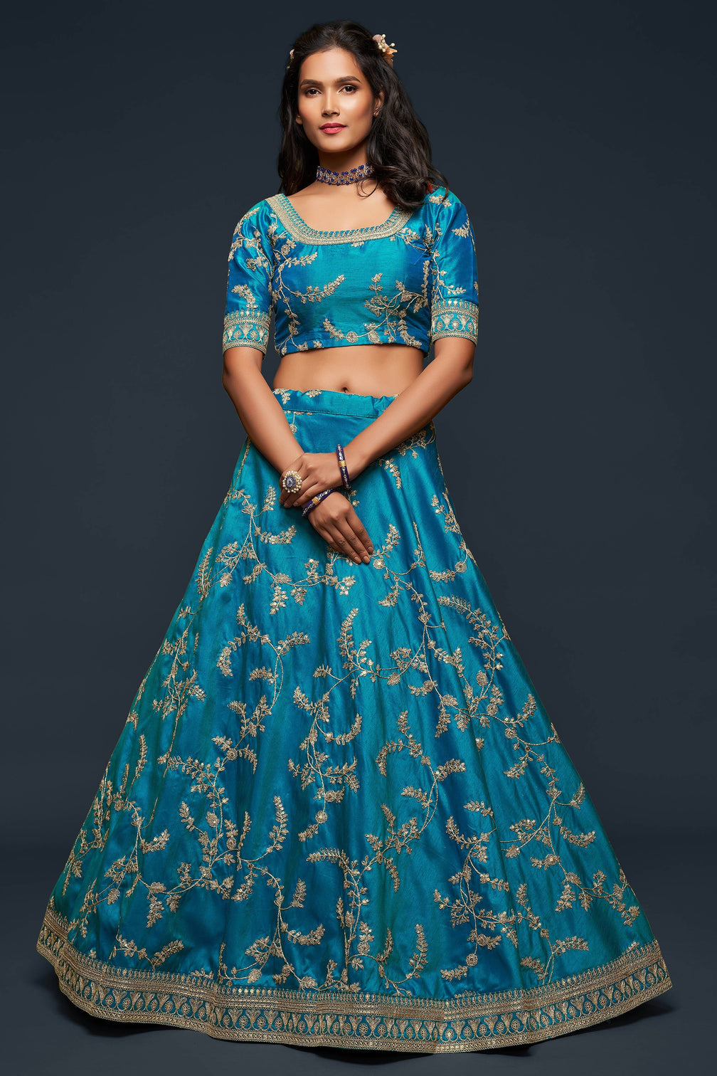 Wonderful Teal Blue Thread Embroidered Silk Wedding Wear Lehenga Choli