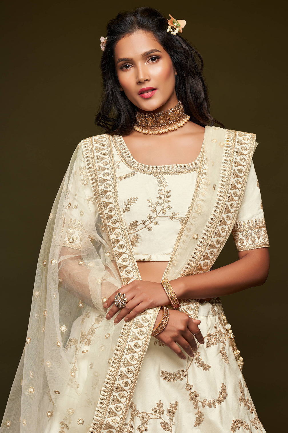 Beautiful White Thread Embroidered Silk Wedding Wear Lehenga Choli
