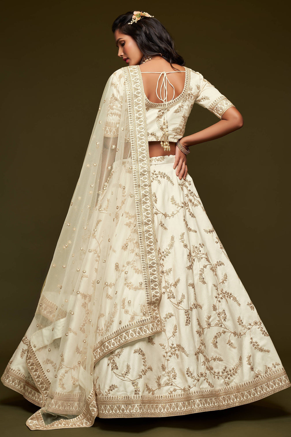 Beautiful White Thread Embroidered Silk Wedding Wear Lehenga Choli