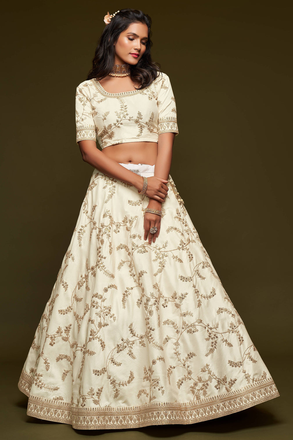Beautiful White Thread Embroidered Silk Wedding Wear Lehenga Choli