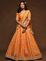 Superior Orange Thread Embroidery Art Silk Wedding Lehenga Choli