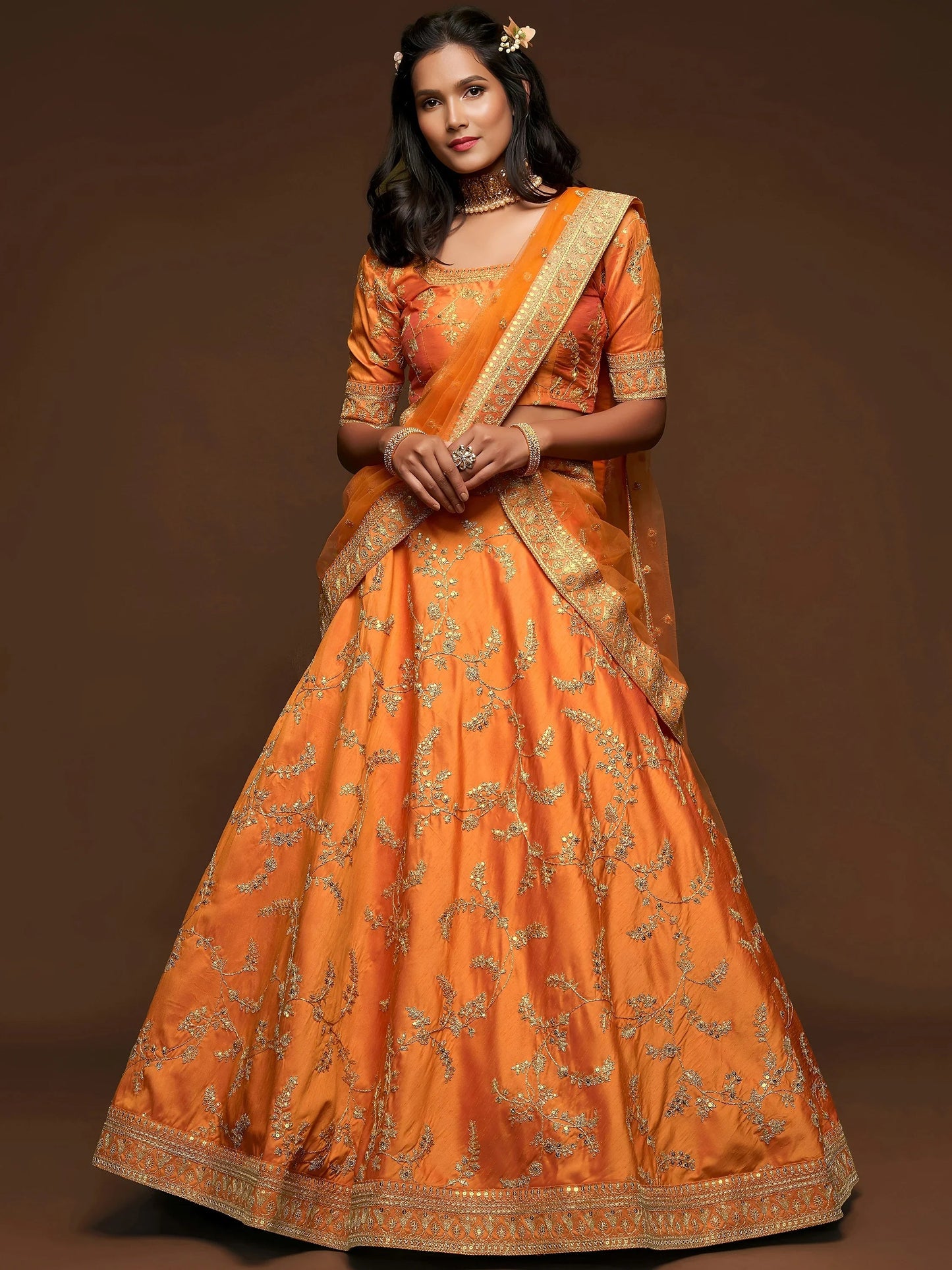 Superior Orange Thread Embroidery Art Silk Wedding Lehenga Choli