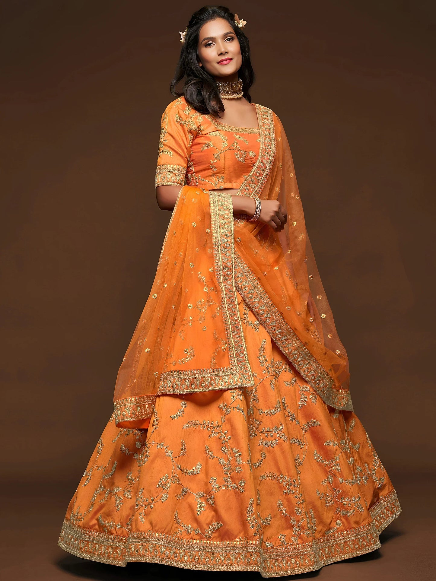 Superior Orange Thread Embroidery Art Silk Wedding Lehenga Choli