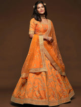 Superior Orange Thread Embroidery Art Silk Wedding Lehenga Choli