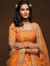 Superior Orange Thread Embroidery Art Silk Wedding Lehenga Choli