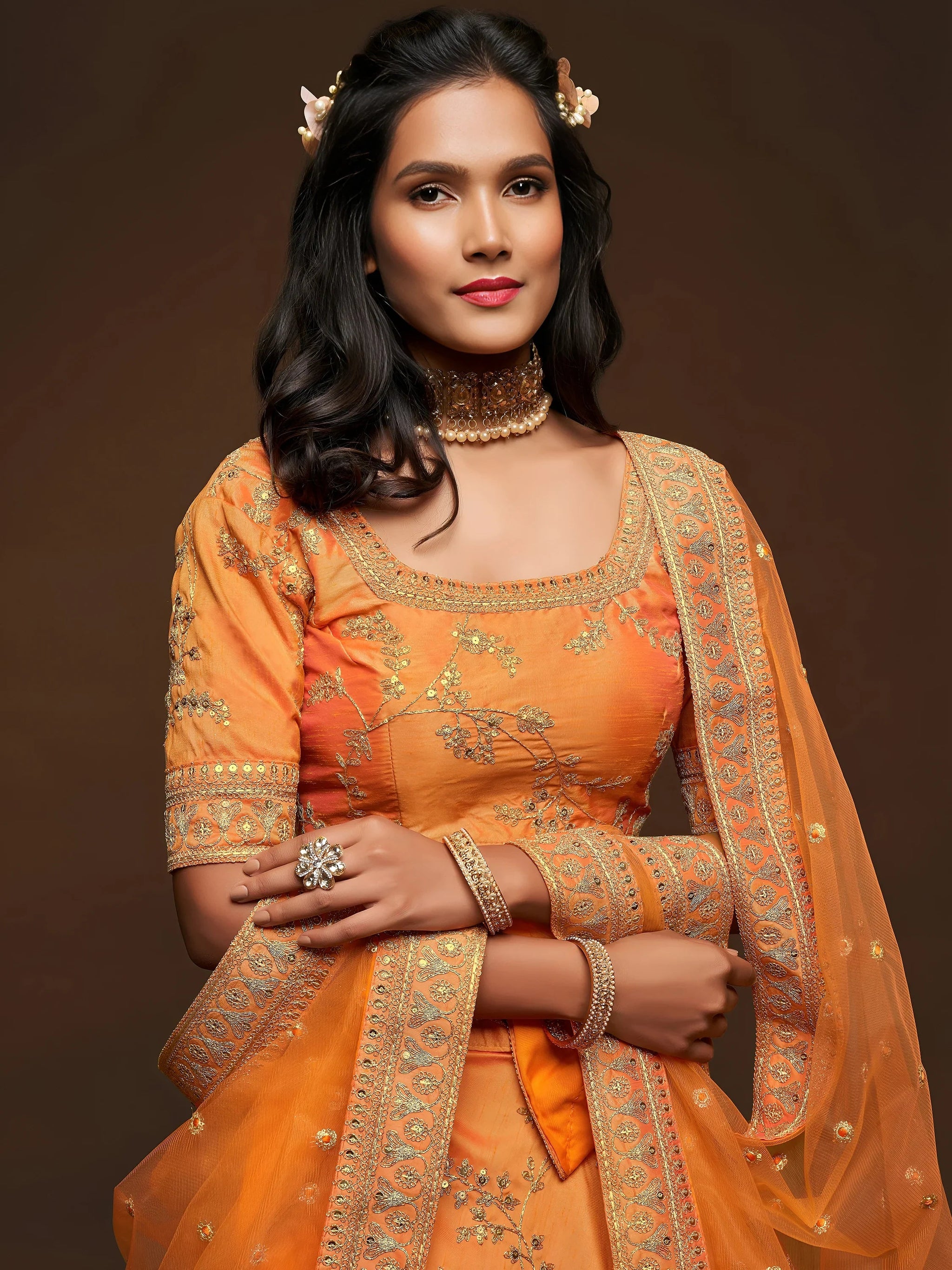 Superior Orange Thread Embroidery Art Silk Wedding Lehenga Choli