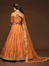 Superior Orange Thread Embroidery Art Silk Wedding Lehenga Choli