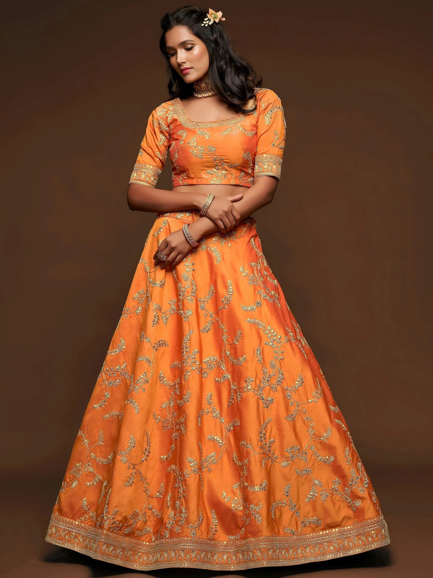Superior Orange Thread Embroidery Art Silk Wedding Lehenga Choli