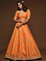 Superior Orange Thread Embroidery Art Silk Wedding Lehenga Choli