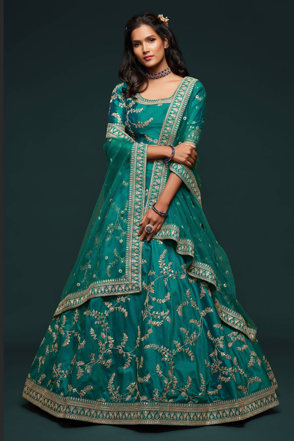 Classic Green Thread Embroidered Silk Wedding Wear Lehenga Choli