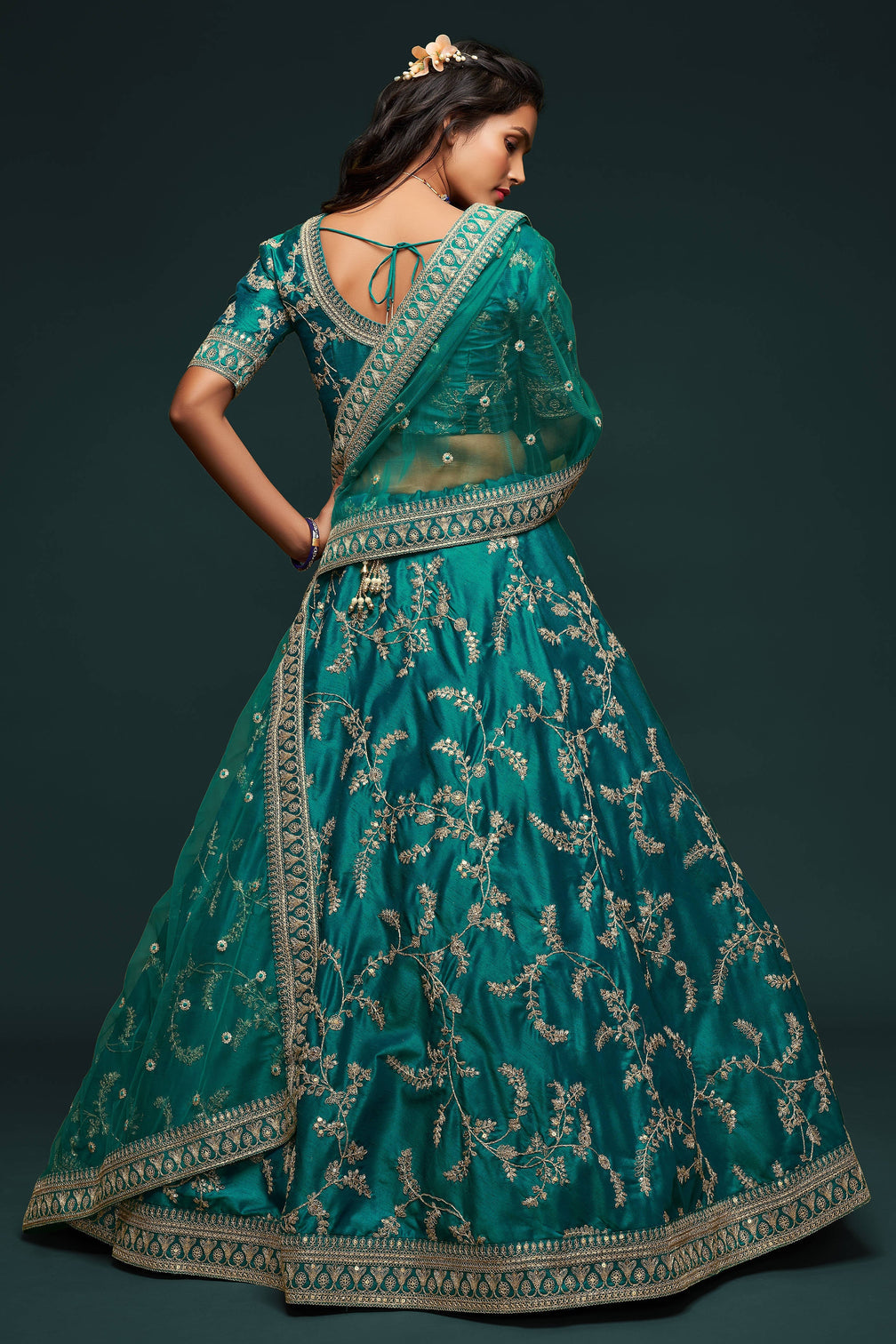Classic Green Thread Embroidered Silk Wedding Wear Lehenga Choli