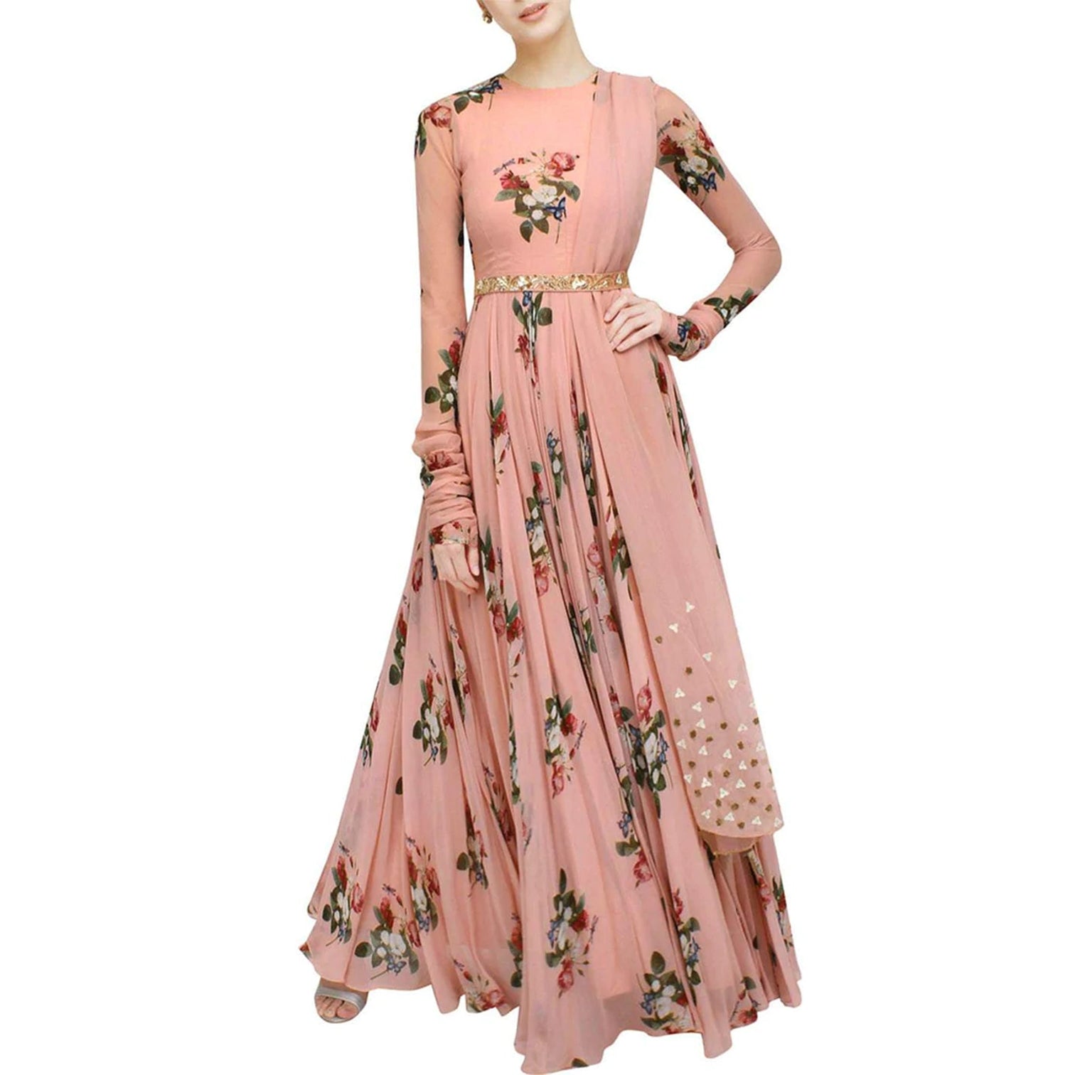 Embroidered Designer Wear Peach Digital Floral Printed Gown