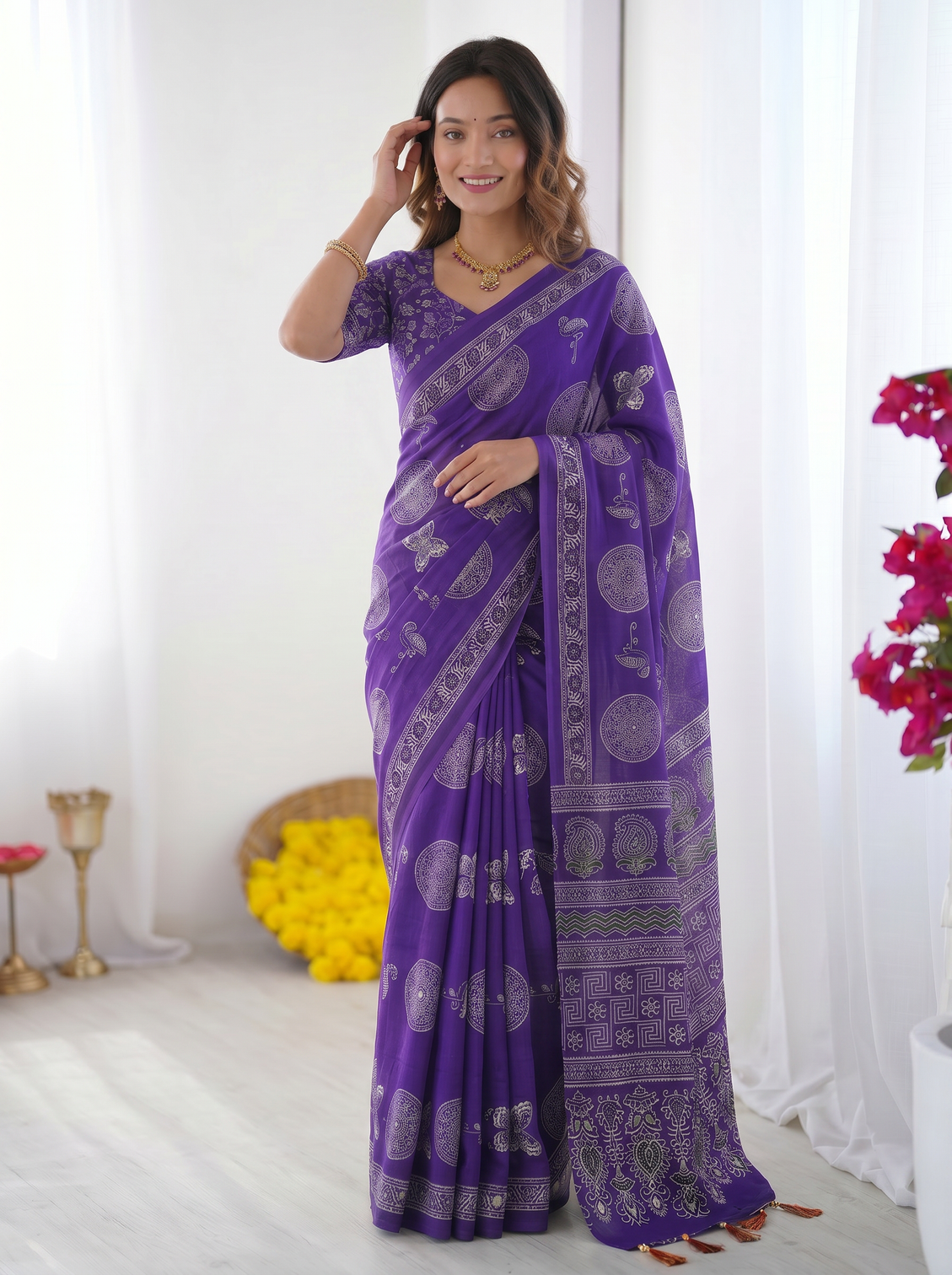 Royal purple modal silk saree with circular medallion print heritage designer pallu festive ethnic wear saree mameraa