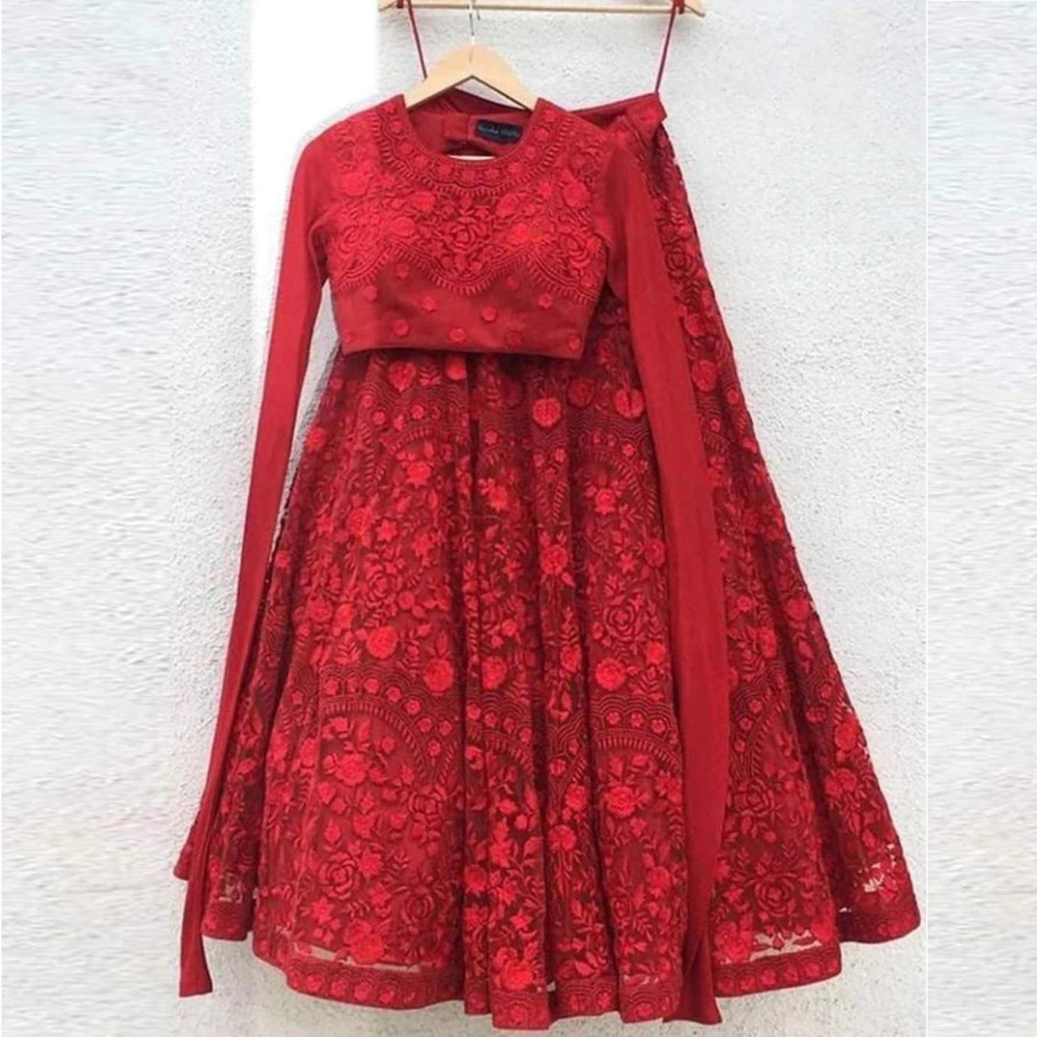 Eye Captivating Ruby Red Georgette Resham Embroidery Work Lehenga Choli