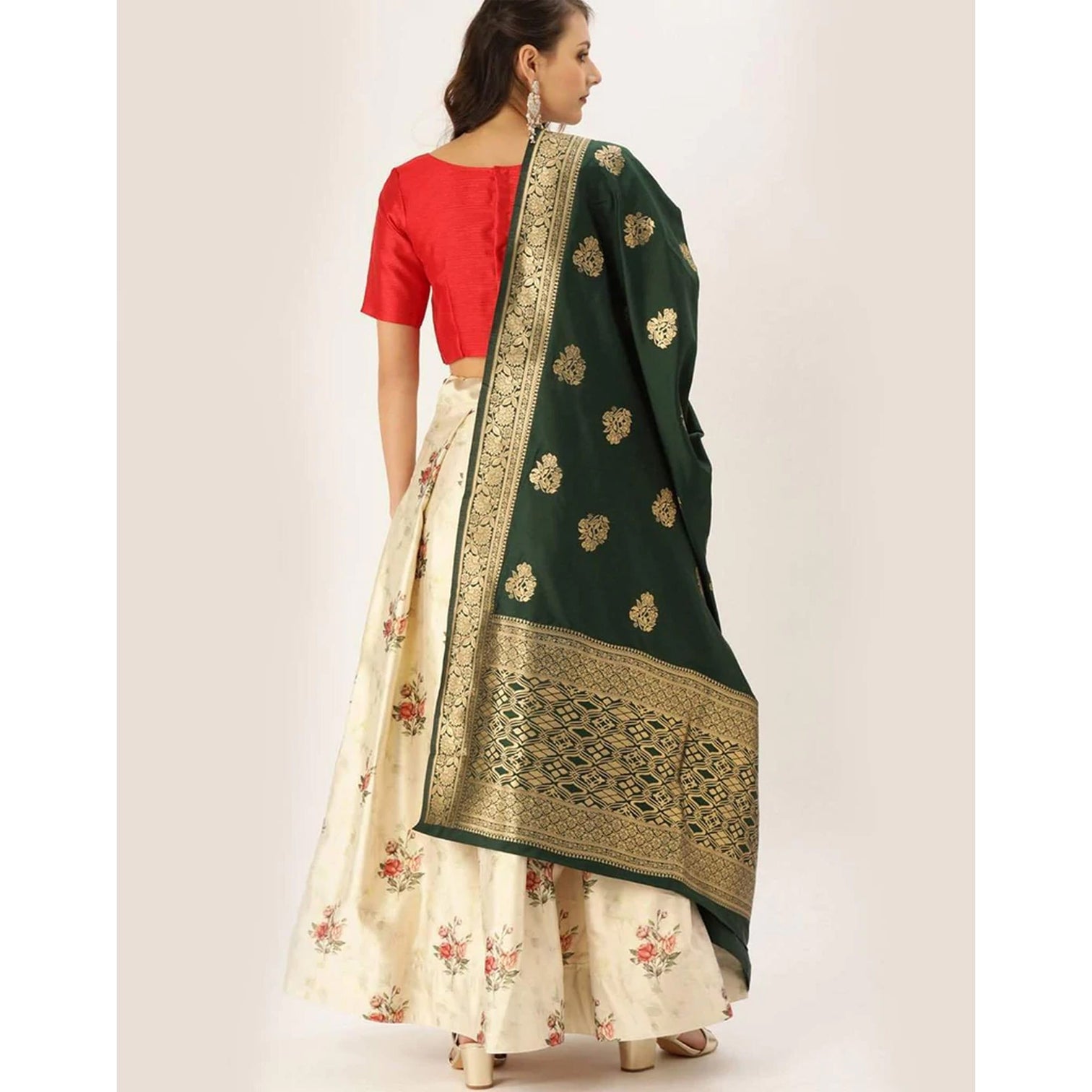 Floral Design Off White Lehenga With Banarasi Silk Dupatta