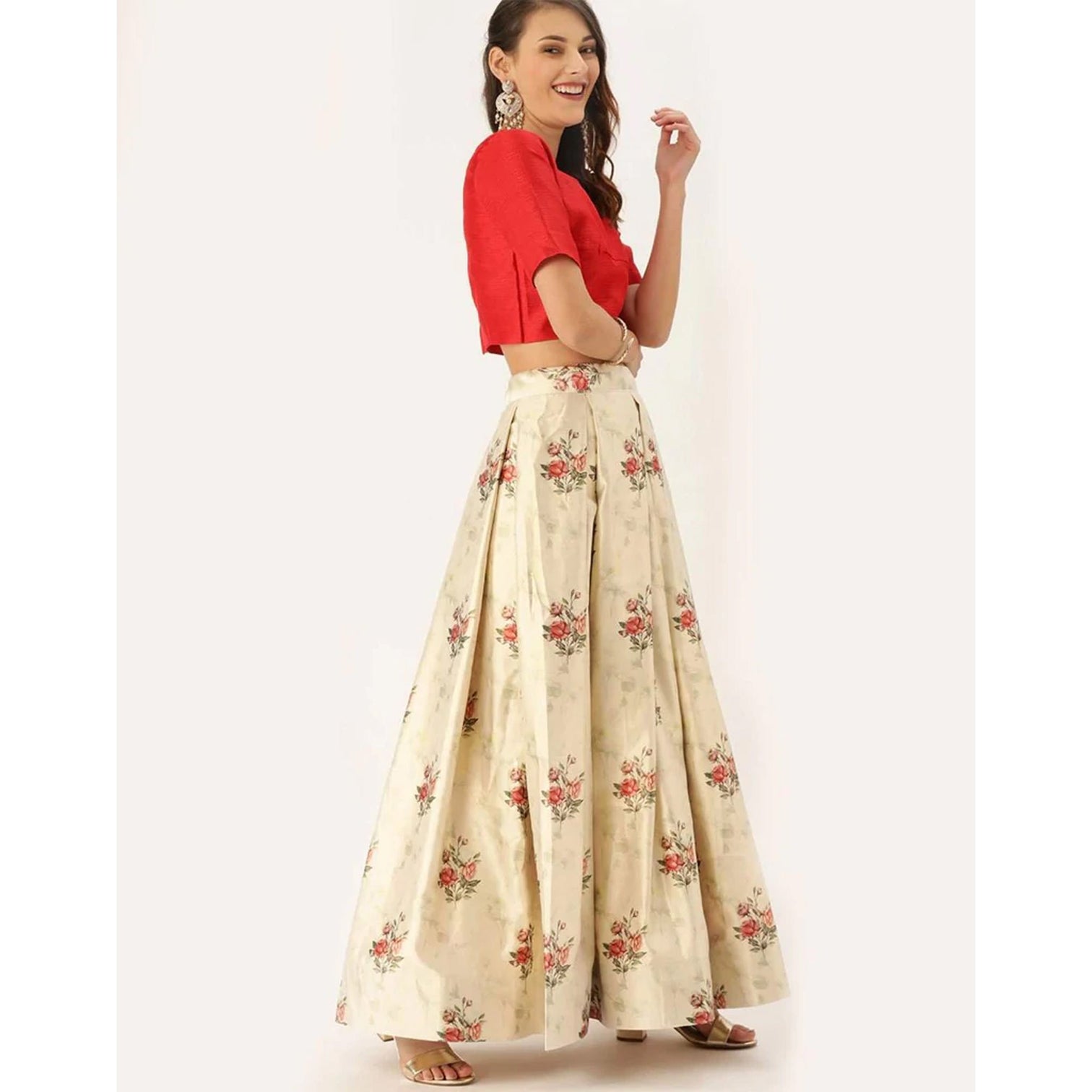 Floral Design Off White Lehenga With Banarasi Silk Dupatta