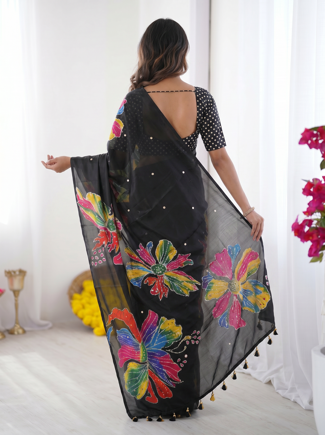 Black modal silk saree with multicolor floral art print handcrafted inspired design designer tassel pallu