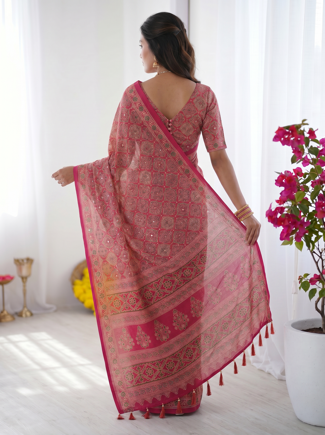 Rose pink modal silk saree with heritage motifs intricate all over print designer pallu