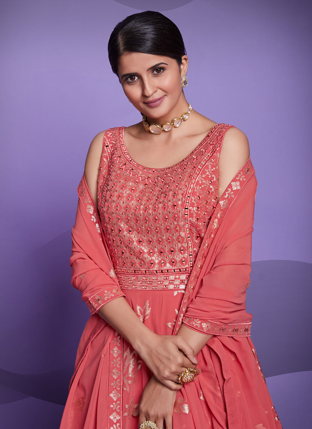 Georgette Sequins Pink Floor Length Gown