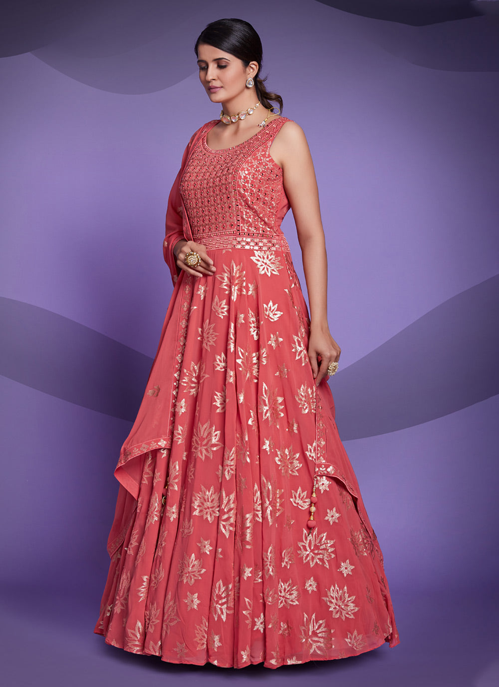 Georgette Sequins Pink Floor Length Gown