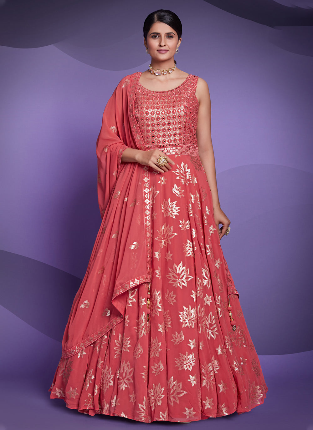 Georgette Sequins Pink Floor Length Gown