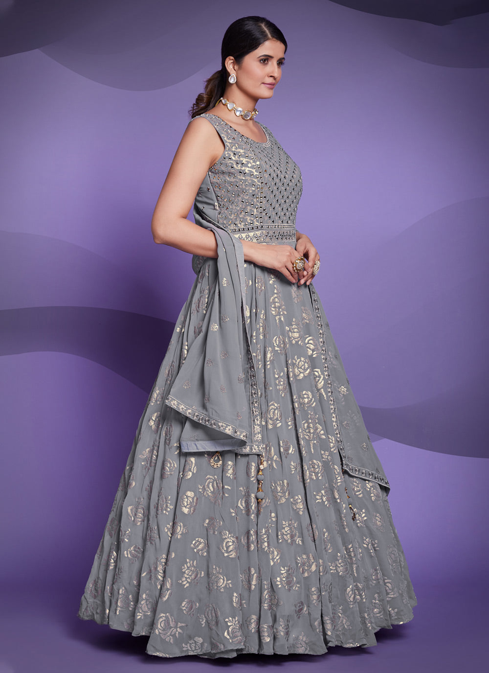 Georgette Sequins Grey Designer Gown