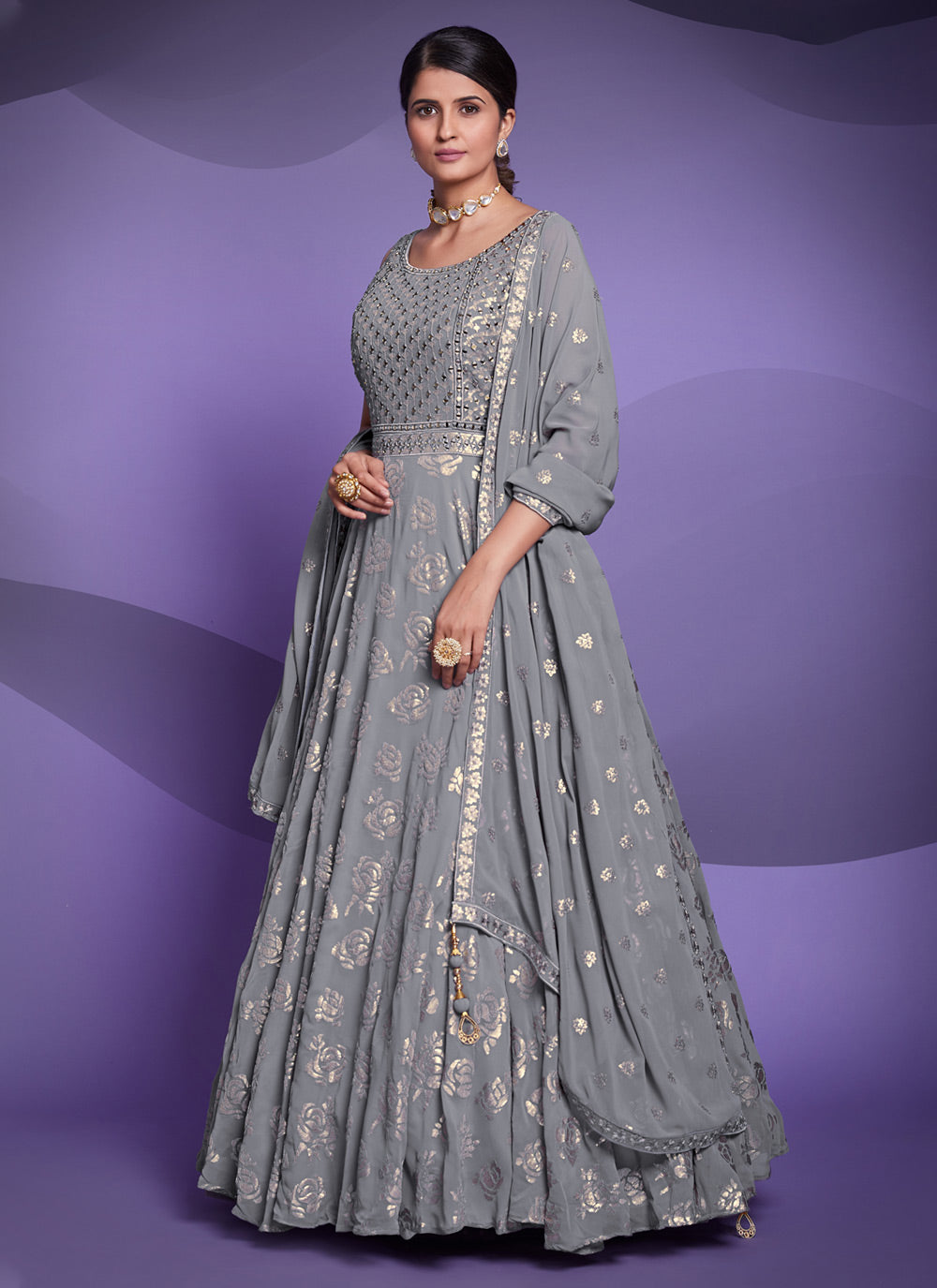 Georgette Sequins Grey Designer Gown