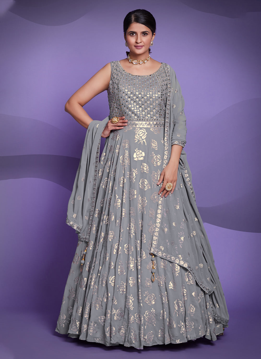 Georgette Sequins Grey Designer Gown
